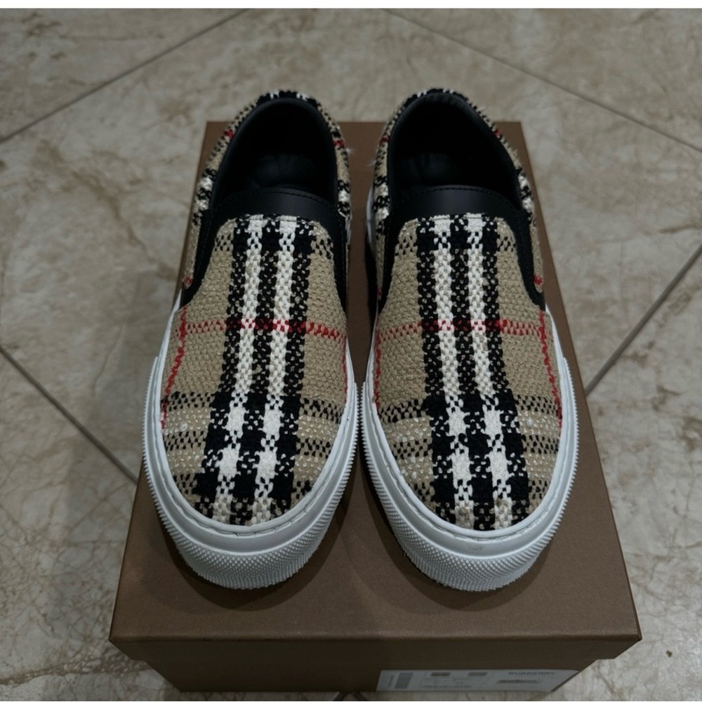 Burberry Plaid Slip-On Shoes - Black, Red, White, Tan